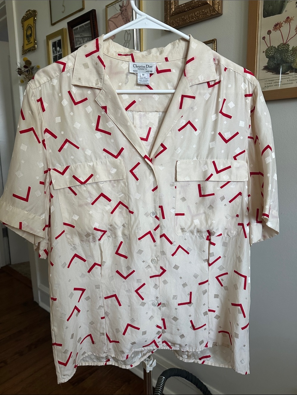 Dior Cream Short-Sleeve Button-Down Shirt with Red Geo Accents